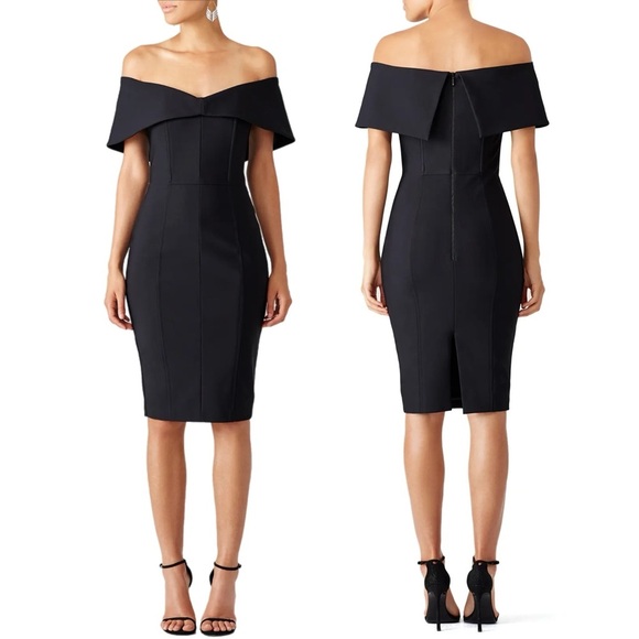 Misha Collection Black crepe off shoulder Brooklyn midi Dress Style RE1641DRBK - Picture 1 of 7